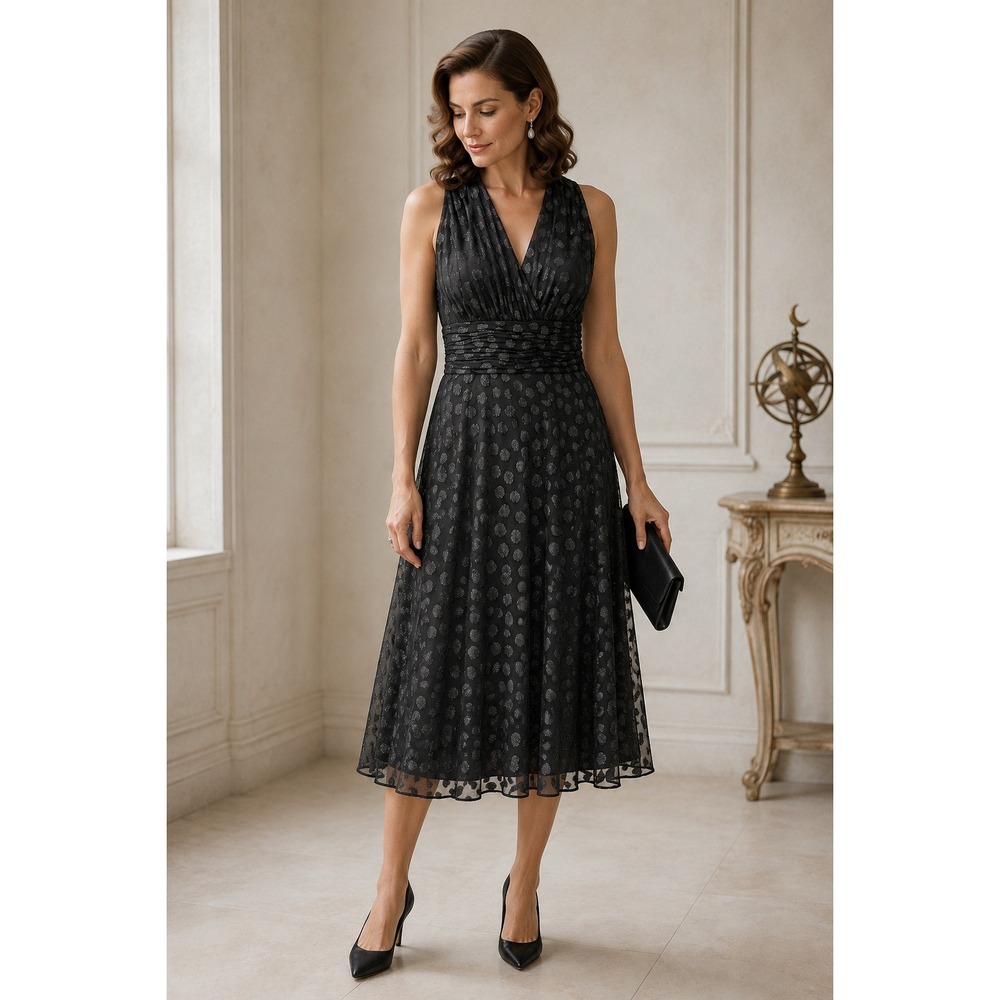 Whimsigoth Party EvanPicone Black Chiffon Polka Dot V Neck Halter 12 Midi Dress